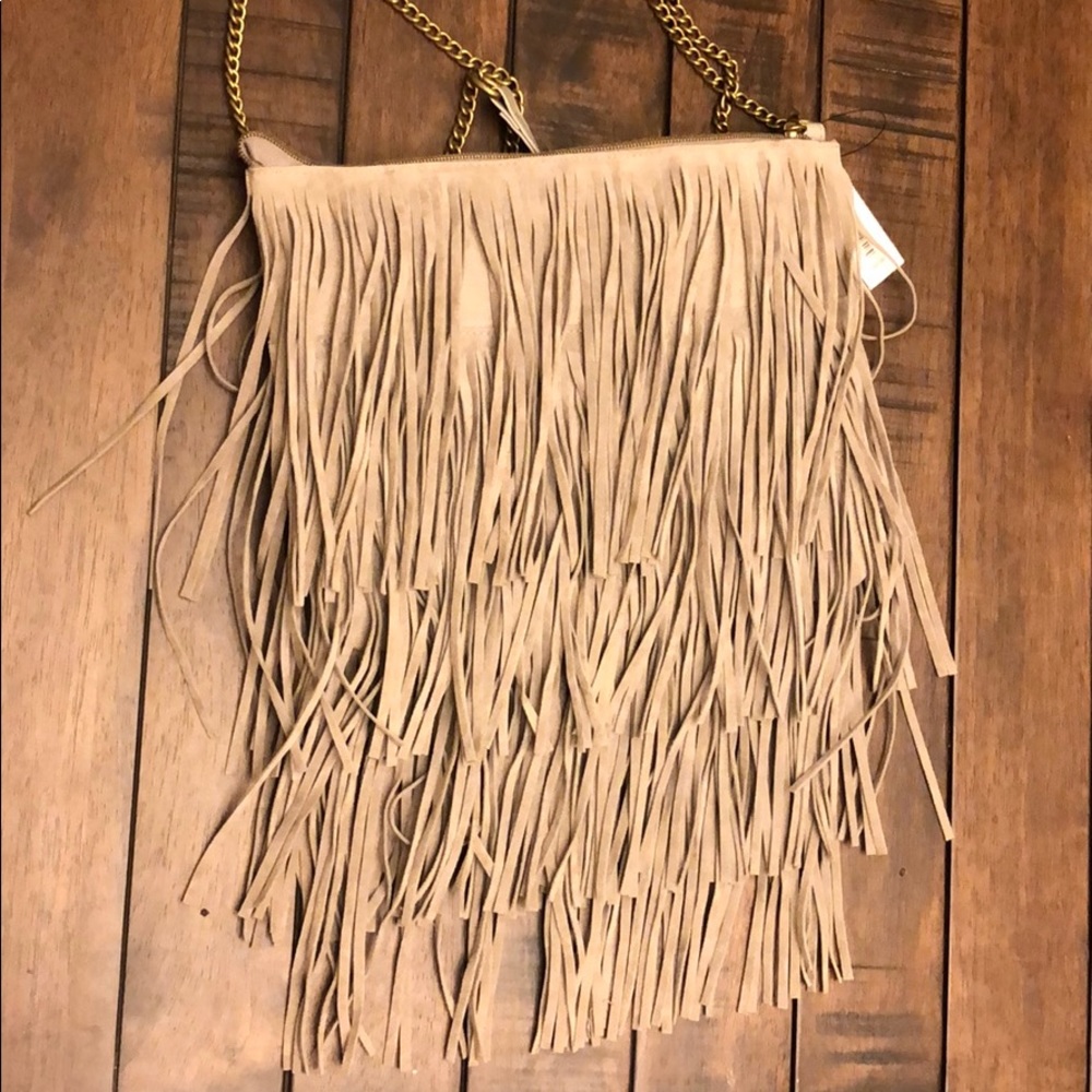 Gray fringe purse with chain shoulder strap NWT